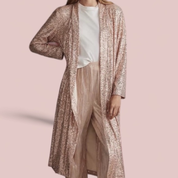 Mare Mare x Anthropologie Longline Sequin Kimono XS Rose Gold Pink Open Duster - Picture 5 of 11